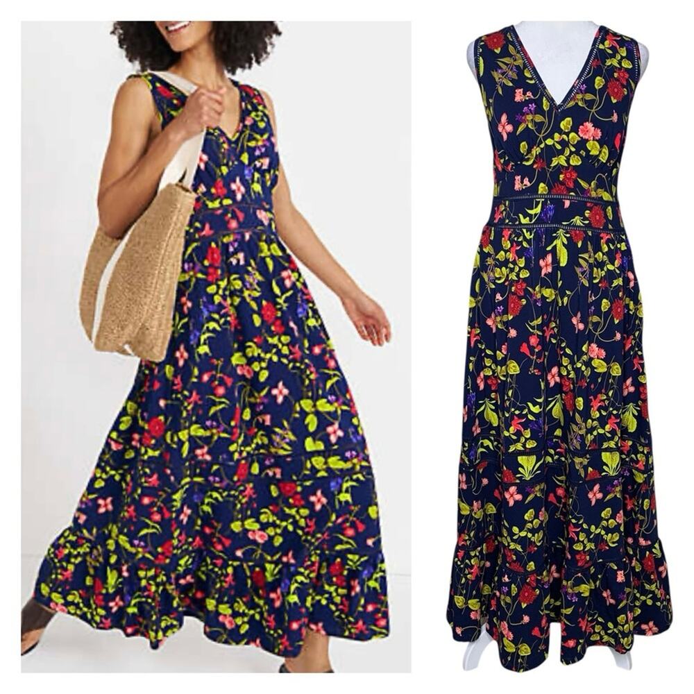 Lands' End Navy Floral Tiered Maxi Dress Pockets Smocked Stretch M Medium 8 10